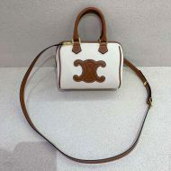Celine Small Boston Bag Cuir Triomphe in Textile and Calfskin White/Brown