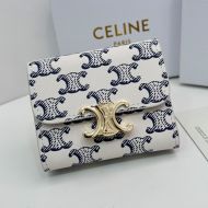 Celine Small Compact Wallet in Triomphe Canvas with Coin Triomphe White/Navy Blue