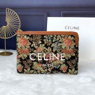 Celine Small Pouch in Floral Jacquard and Calfskin Black/Brown