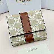 Celine Small Trifold Wallet in Triomphe Canvas and Calfskin Beige/White