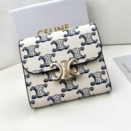 Celine Small Trifold Wallet in Triomphe Canvas White/Navy Blue