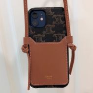 Celine Triomphe iPhone Case in Canvas Silicon with Card Holder and Strap Black