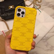 Celine Triomphe iPhone Case in Leather with Signature Print Yellow