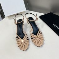 Celine Triomphe Sandals Women Calfskin with Ankle Strap Khaki